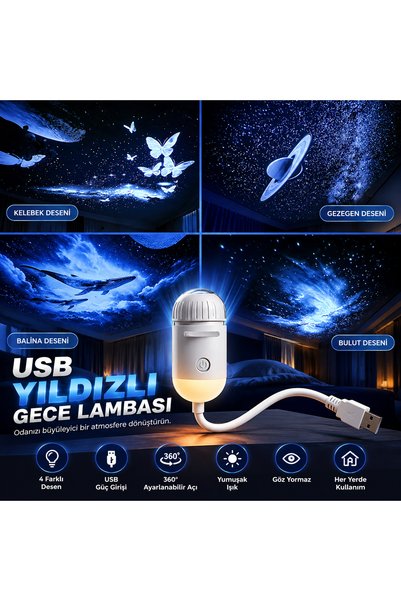 VEROXA USB Yıldızlı Gece Lambası 4 Desenli Galaksi Projektör Kelebek Balina G...