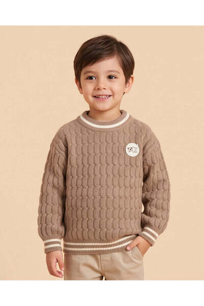 REDTAG Boys Tan And Ivory Cable-Knit Sweater