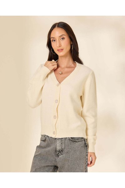 REDTAG Women Ivory Knitted V-Neck Sweater