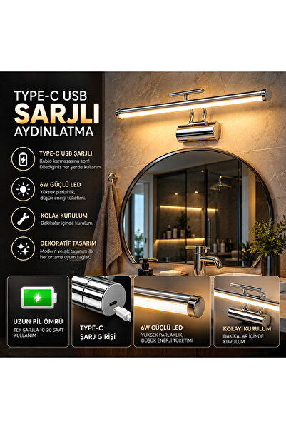 neeko Flüt Aplik / 35CM / Şarjlı LED Aplik / Type-C USB Kablosuz Duvar Lambas...