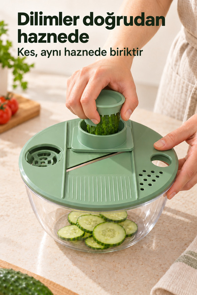 indirimsevinci 6 Aparatlı Manuel Salata ve Sebze Kurutucu, Hazneli Rende Dilimleyici ve Yumurta Ayırıcı Set