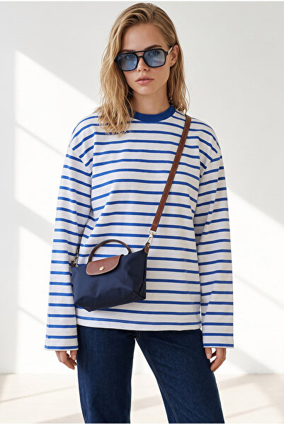 Olalook Women's Saks Blue White Striped Spanish Sleeve Slim Sweatshirt Swt-19...