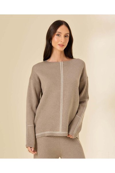 REDTAG Women Taupe Knitted Round Neck Long Sleeve Sweater