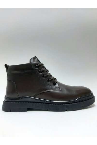 Red Walker Genuine Leather Lace-Up Zippered Fur Inside Anti-Slip Sole Brown Winter Men's Boots