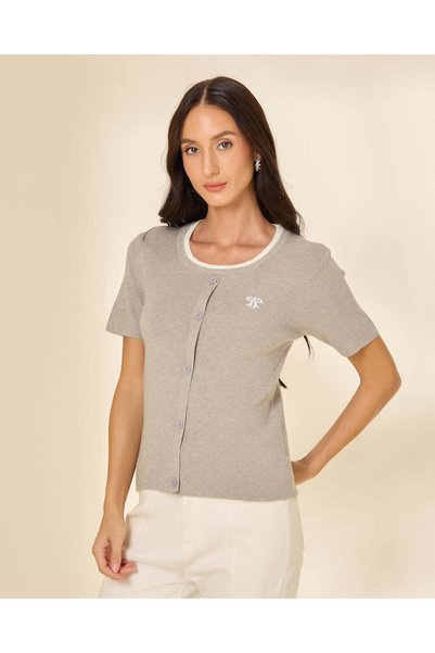 REDTAG Women Grey Knitted Crew Neck Short Sleeve Sweater