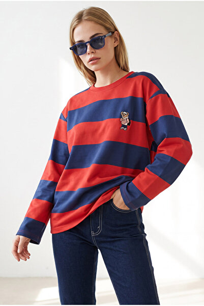 Olalook Kadın Bordo Lacivert Ayıcık Nakışlı Kalın Şeritli Sweatshirt SWT-19000808