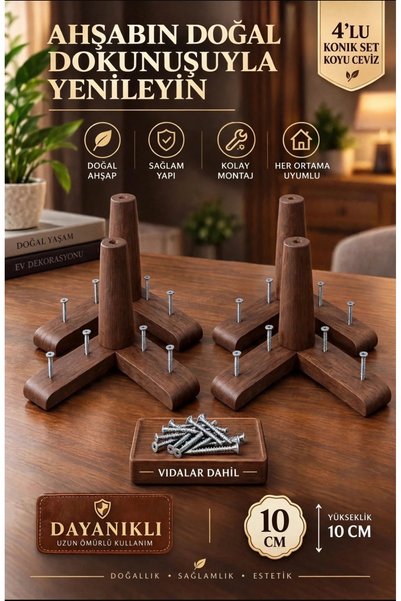 LEGORA WOOD DESIGN 10 cm Konik (Koyu Ceviz 4'lü Set) Ahşap Mobilya Ayağı 1. S...