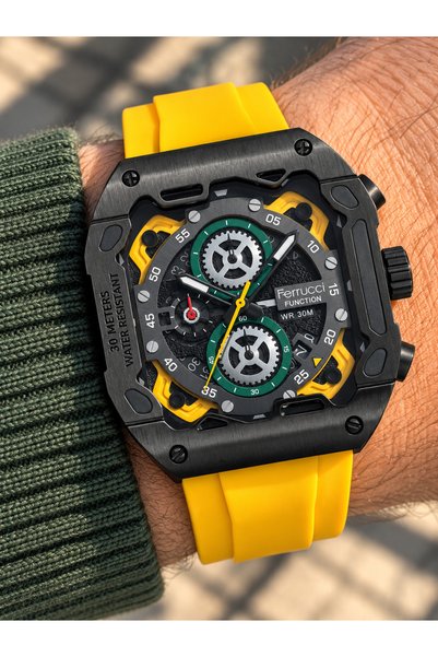 Ferrucci Yellow Color Silicone Cord, Functions Active, Black Case, Men's Wris...