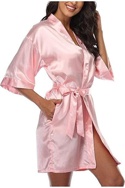 Generic Womens Silk Robe Satin Robe Silky Kimono Lace Bathrobe Sleepwear Wedd...
