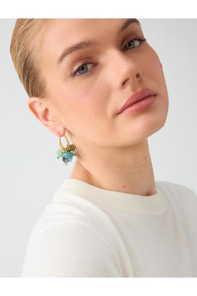 Jimmy Key Blue Natural Stone Detailed Dangle Hoop Earrings