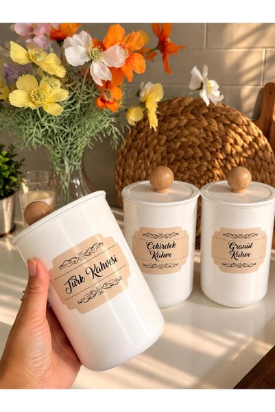 MODA OZY 3'lü 900ml Akrilik (Plastik) Vakumlu Ahşap Kulplu Türkkahvesi-Granülkahve-Çekirdekkahve Kavanozu Beyaz Saklama Kabı