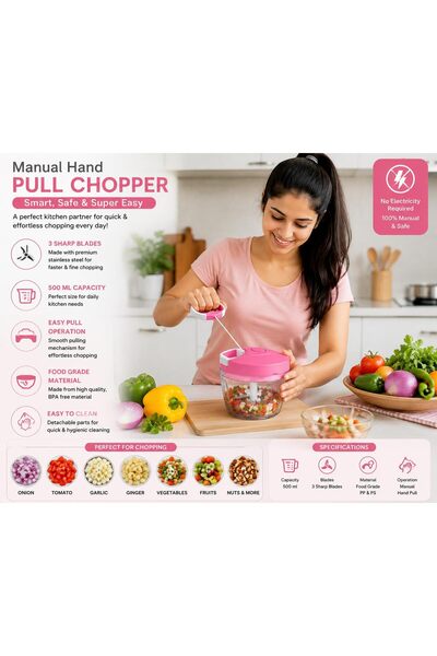 Generic Manual Vegetable Chopper 500ml | 3 Stainless Steel Blades | Easy Pull Cord | Compact Kitchen Cutter for Onion, Garlic & Veg (Pink)