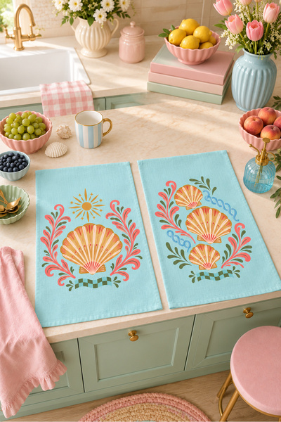 Evmila Coastal Table Blue Coral Seashell Patterned 2-Piece Kitchen Towel Set ...