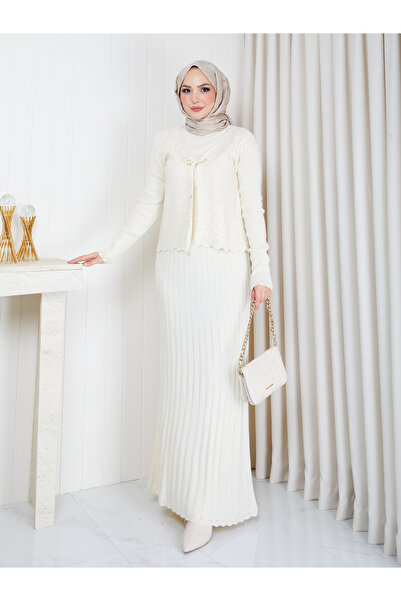 EFSUN MODA فستان نسائي طويل من التريكو بتفاصيل لامعة