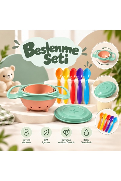 toditoys 360° Dönen Dökülmez Bebek Mama Kasesi + 5’li Mama Kaşığı Seti Kapakl...