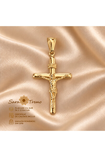 SaraTremo Pandantiv Crucifix INRI cu Isus – 3 cm, placat cu aur brazilian de 18K