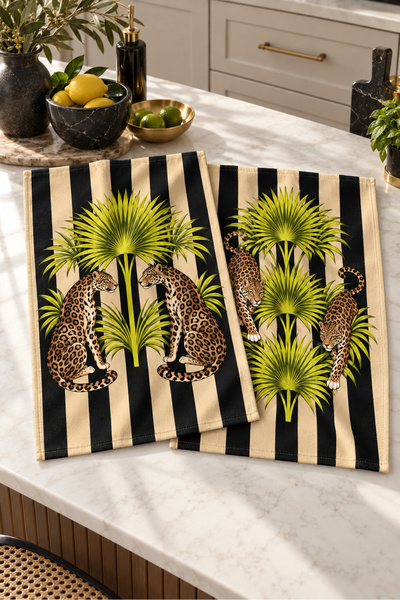 Evmila Palm Safari Palm and Leopard Patterned 2-Piece Kitchen Towel Set 35X55
