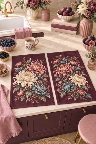 milbaygrup Burgundy Peony Patterned 2-Piece Kitchen Towel Set 35X55