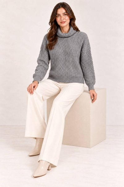 HIRA CO. Women's Turtleneck Geometric Patterned Long Sleeve Knitwear Sweater