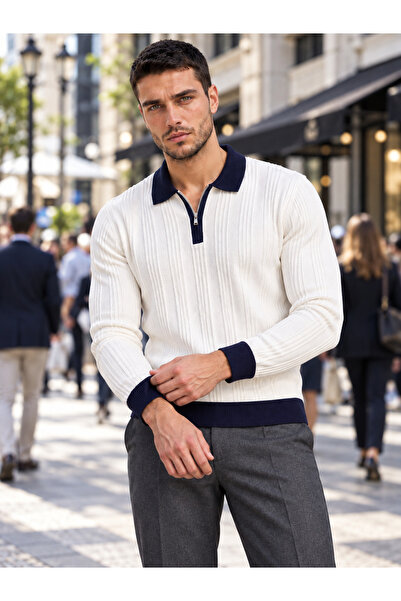 HK Premium Tekstil Fermuarlı Polo Yaka Kontrast Detaylı Triko Kazak