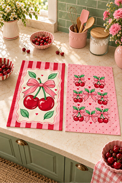 milbaygrup Cherry Bow Set de 2 prosoape de bucătărie cu model cireșe și funde...