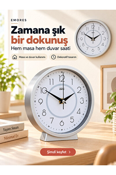 EMORES Masa Saati ve Duvar Saati 2'si 1 Arada Çıkarılabilir Ayaklı Sessiz Aka...