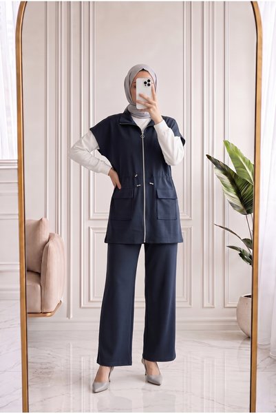 MİHRA STORE Violette Zippered Double Pocket Vest 3-Piece Set-Mf677 Anthracite