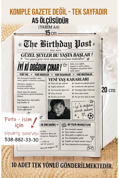 Pankart Evi Erkek Çocuk Doğum Günü Partisi Gazete Sayfası 10 adet - A5 ölçüsü Tek Yön - Happy Birthday Yaş Günü Doğumgünü