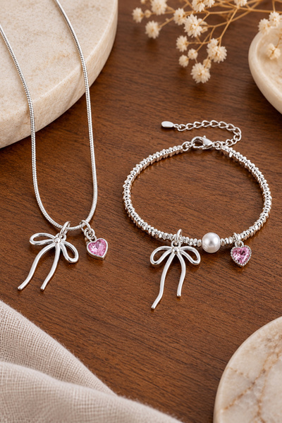 TREND COLLECTİON Bow and Pink Heart Charm Detailed Necklace Bracelet Women's ...