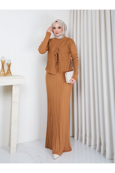 EFSUN MODA Women's Long Knitted Dress with Silver Detailing