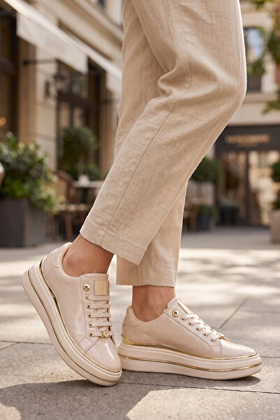 AYAKMOD Beige Leather Thick Comfortable Sole Lace-Up Women's Casual Walking S...