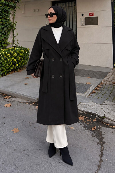 Tesettür Dünyası Kemeri Apolet Detaylı Kaşe Kaban TSD260317 Siyah