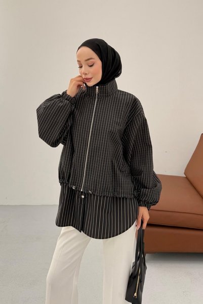 fushya design Ekose Desenli Fermuarlı Katmanlı Mont