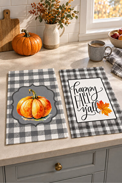 milbaygrup Pumpkin Check Gray Plaid and Pumpkin Patterned 2-Piece Kitchen Tow...