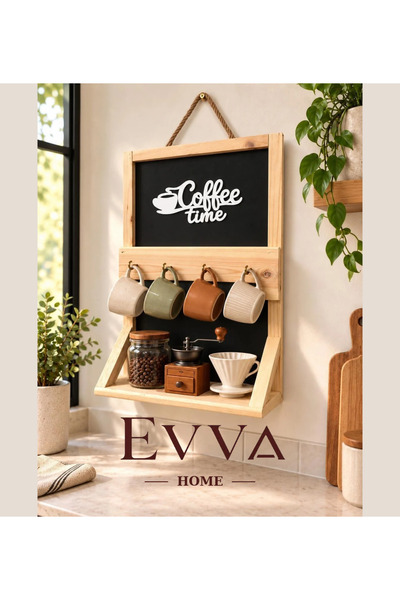 EVVA HOME ☕ Ahşap Kahve Köşesi – Dekoratif Siyah Duvar Rafı & Kupa Askılığı