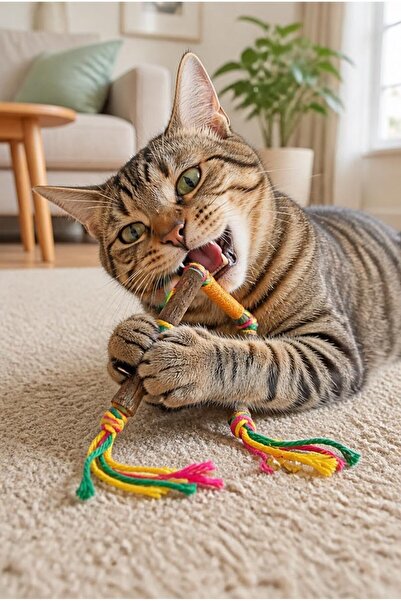 Busstier 3-Piece U-Shaped Matatabi Cat Toy, Natural Wooden Stick with Cotton Rope and Bell, Colorful
