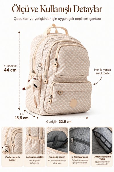 Penthouse Multi-Pocket Water Repellent Unisex Backpack Cream Patterned Ultra Light
