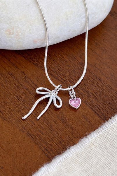 TREND COLLECTİON Bow and Pink Heart Charm Detailed Necklace Bracelet Women's Jewelry Set