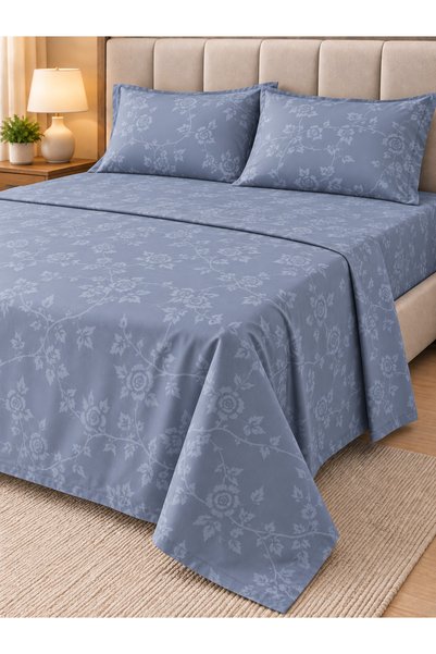 zeetwo Bedsheet Set, Teal Blue Floral Pattern, 100% Cotton, 95 GSM