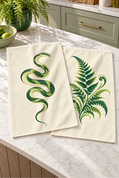 Evmila Set de 2 prosoape de bucătărie cu model botanic Fern Serpent, șarpe ve...