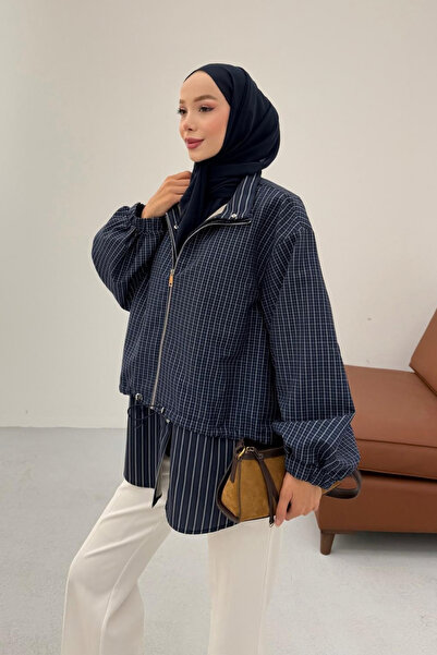 fushya design Ekose Desenli Fermuarlı Katmanlı Mont
