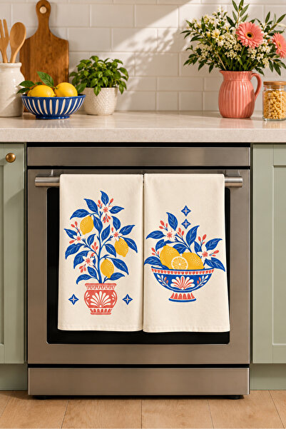 Evmila Limon Köşkü Ecru Blue Yellow Lemon Patterned Mediterranean 2-Piece Kit...