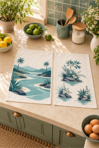 Evmila Lagoon Escape Turquoise Palm and Tropical Village Patterned 2-Piece Ki...