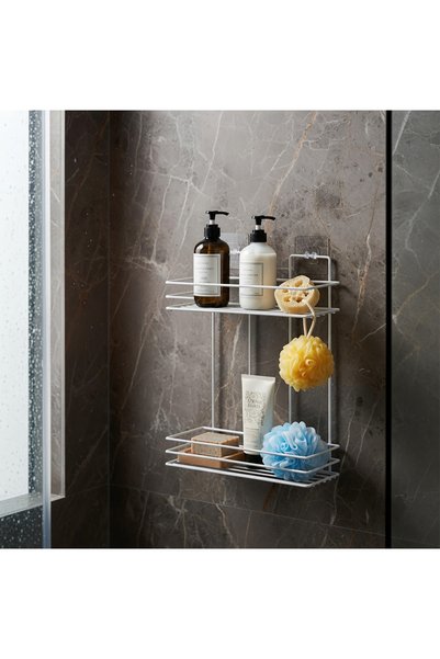 decorelax Yapışkanlı 2 Katlı Banyo Rafı Duş Şampuanlık - Delmesiz Beyaz Dikdö...