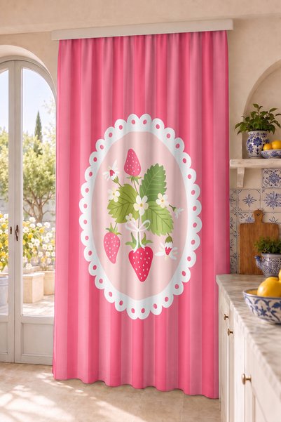 Home Çilek ve Çiçek Desenli Dekoratif Dijital Baskılı Tek Kanat Fon Perde (Kı...