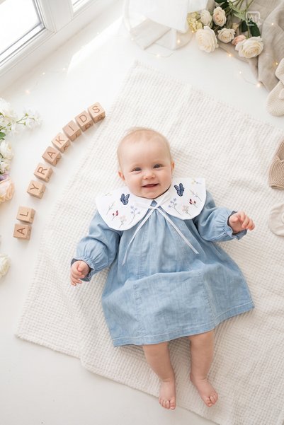ALYRA Baby Girl Embroidered Baby Collar Blue Denim Dress Long Sleeve Special Occasion Birthday Eid Daily Stylish Dress 9-24 Months