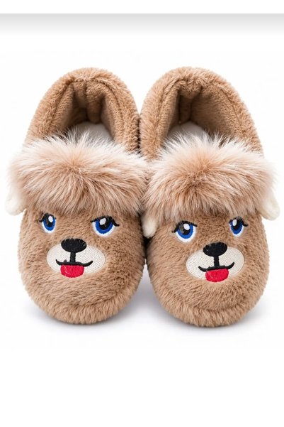 WEBORN Çocuk Unisex Köpek Figürlü Tüylü Peluş Panduf Rahat Ev Kreş Ayakkabısı