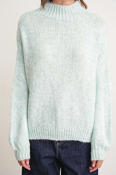 Mixray 6701 Women's Soft Textured Crew Neck Oversize Knitwear Sweater Mint