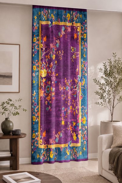 Home Çerçeveli Çiçek Desenli Vintage Dijital Baskılı Tek Kanat Fon Perde (Kır...