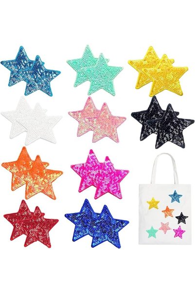 Tazweeq 20 Pcs Sequin Star Iron on Patches, Shiny Stars Patches Embroidery Se...